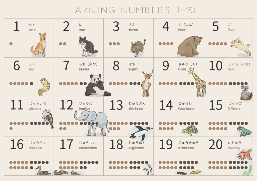 【1〜20 数字ポスター】日本語＋英語表記｜やさしいニュアンスカラーの知育インテリア（A4/A3）