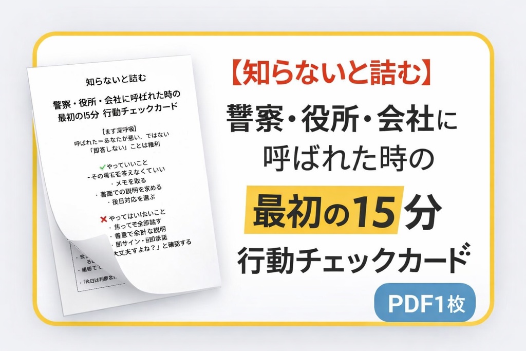 【知らないと詰む】 警察・役所・会社に呼ばれた時の 最初の15分 行動チェックカード（PDF1枚）