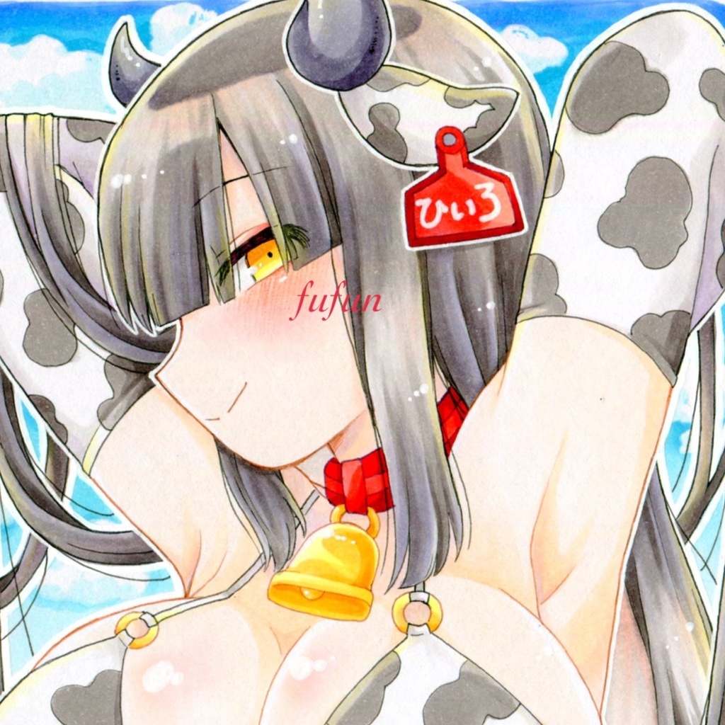 手描きイラスト ボンバーガール ヒイロ 牛ビキニ 色紙