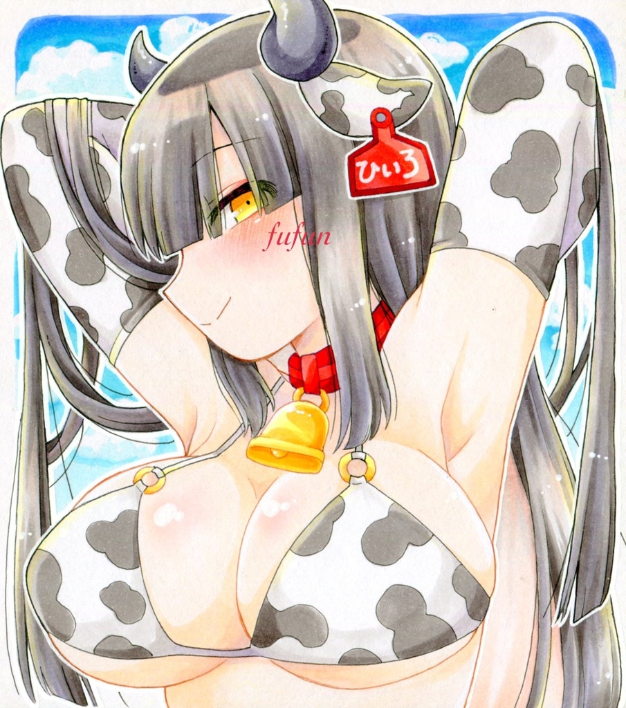 手描きイラスト ボンバーガール ヒイロ 牛ビキニ 色紙
