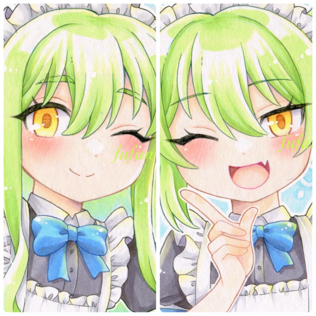 手描きイラスト ブルーアーカイブ 橘ヒカリ 橘ノゾミ メイド