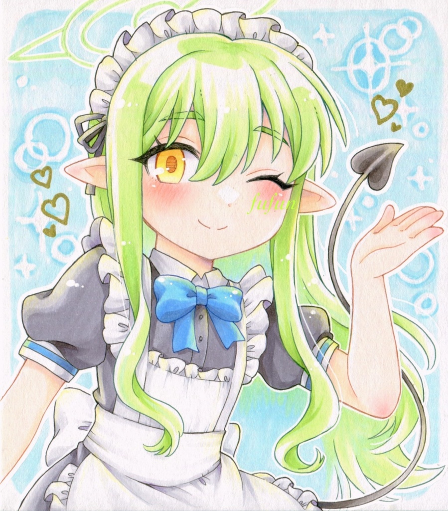 手描きイラスト ブルーアーカイブ 橘ヒカリ 橘ノゾミ メイド