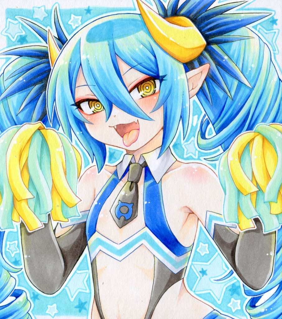 手描きイラスト ボンバーガール アクア チアガール