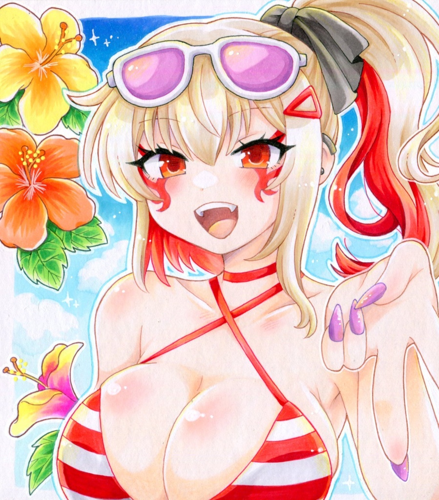 手描きイラスト 戦国乙女 石川ゴエモン 色紙 水着