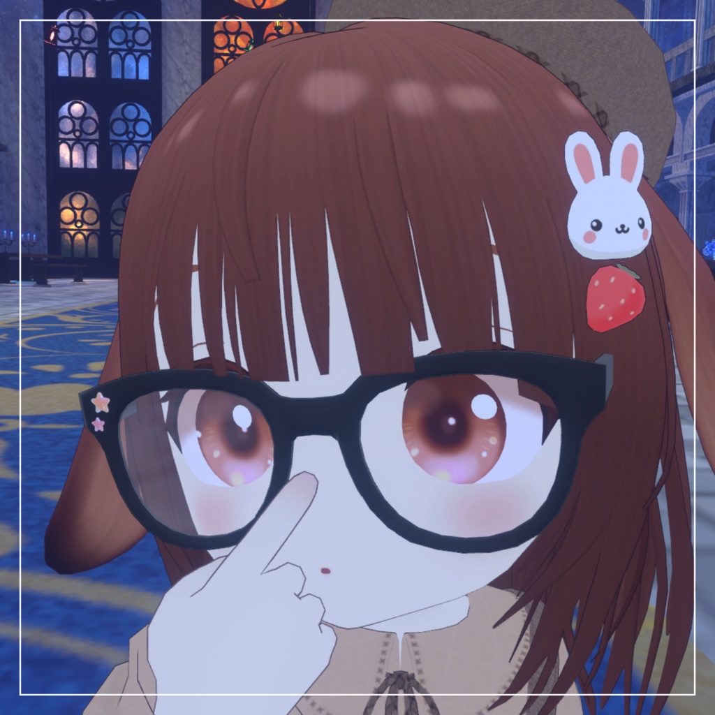 【無料】黒縁メガネ+兎と苺のヘアピン【VRChat】