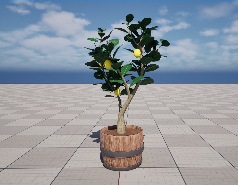 樽をリメイクしたプランターに植えられたレモンの木