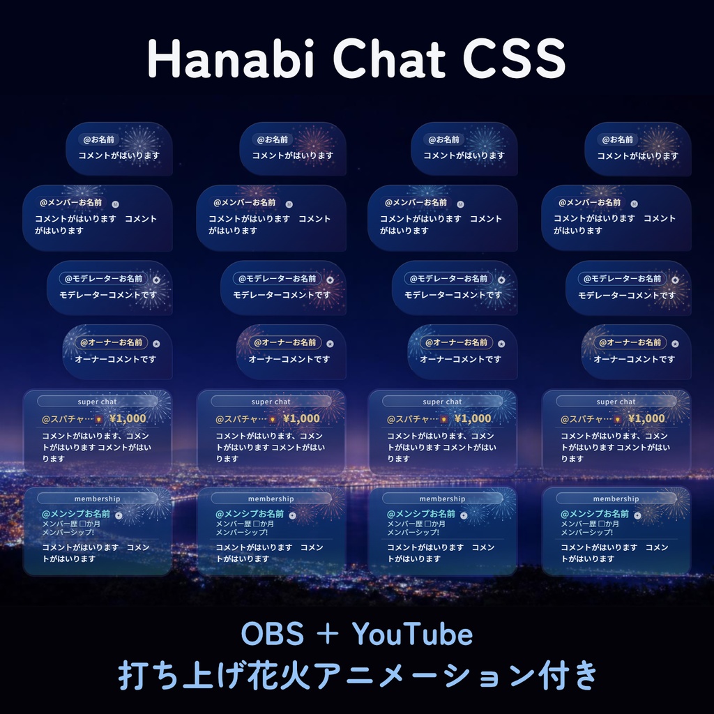 【OBS・YouTube用】打ち上げ花火アニメーション付きコメントCSS/Hanabi Chat CSS（4colors）