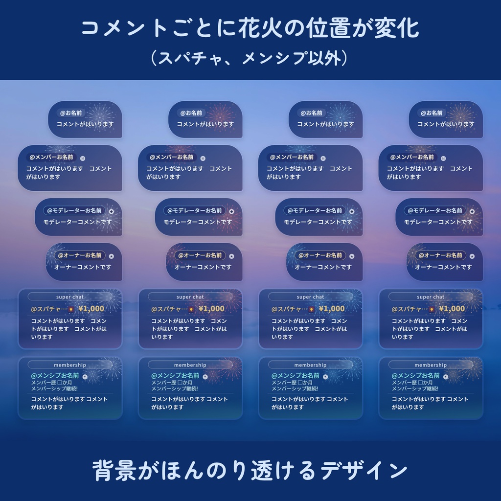 【OBS・YouTube用】打ち上げ花火アニメーション付きコメントCSS/Hanabi Chat CSS(4colors)