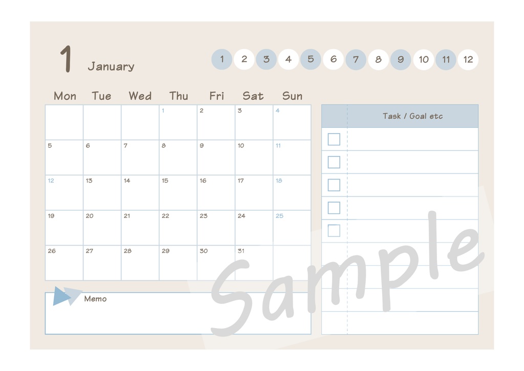 【FreeDL】2026年月間カレンダー/1月始まり/月曜始まり(ブルー)