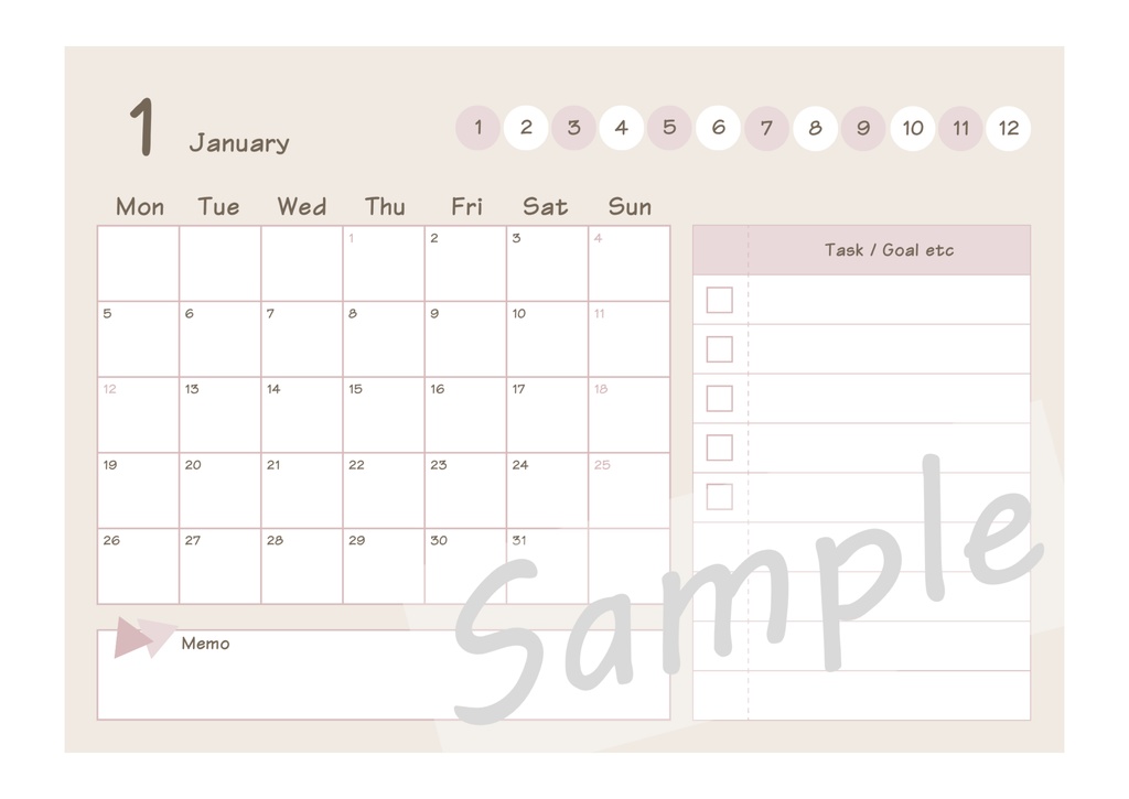 【FreeDL】2026年月間カレンダー/1月始まり/月曜始まり(ピンク)