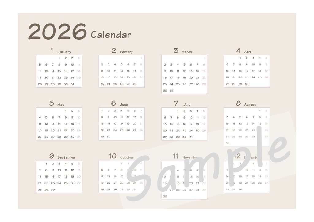 【FreeDL】2026年月間カレンダー/1月始まり/月曜始まり(ピンク)