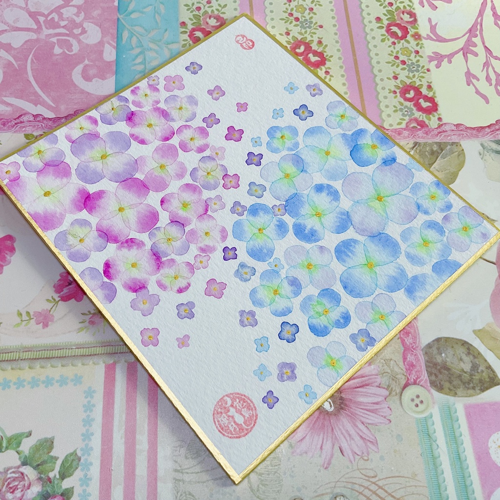 紫陽花*小さいお花 イラスト 色紙 原画