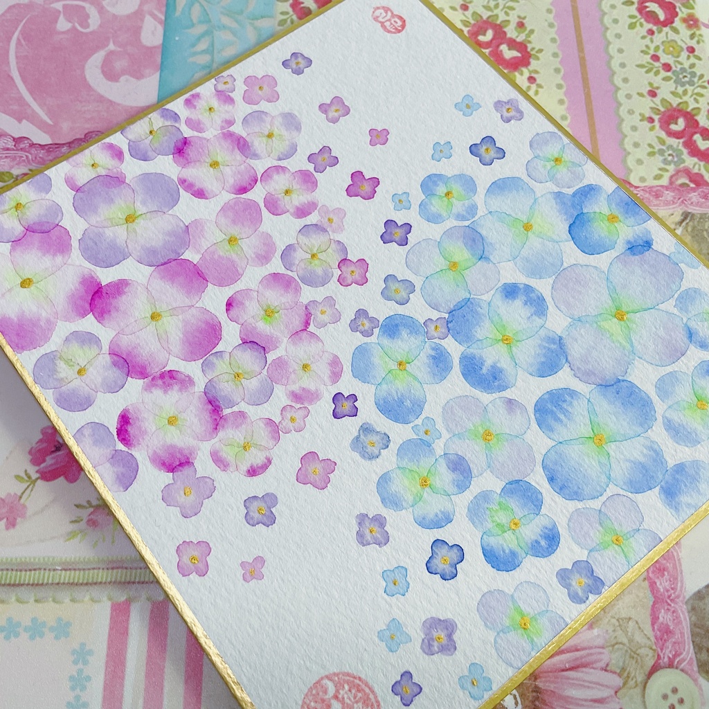 紫陽花*小さいお花 イラスト 色紙 原画