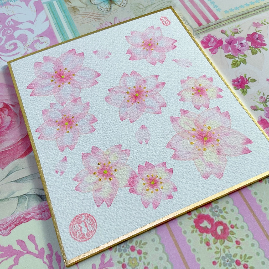 水色と黄色を使った桜 色紙 イラスト 原画