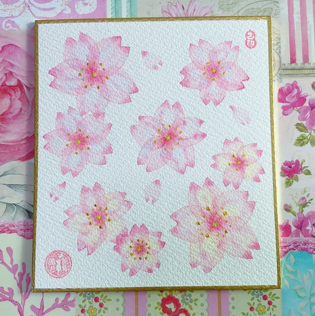 水色と黄色を使った桜　色紙　イラスト　原画