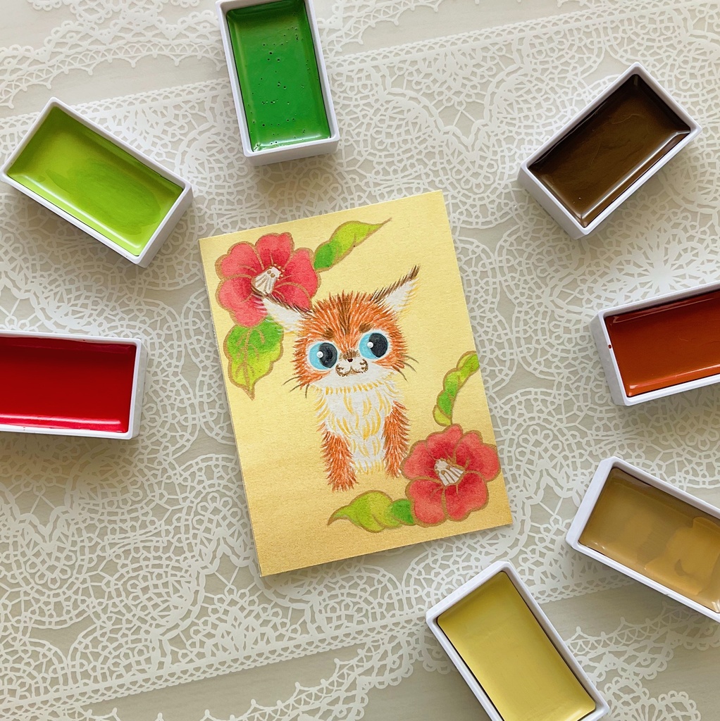 「四季花獣図　紅椿カラカル」原画　A7サイズ