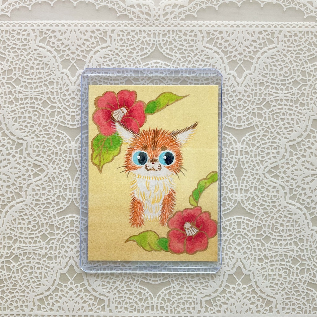 原画「四季花獣図 紅椿カラカル」A7サイズ
