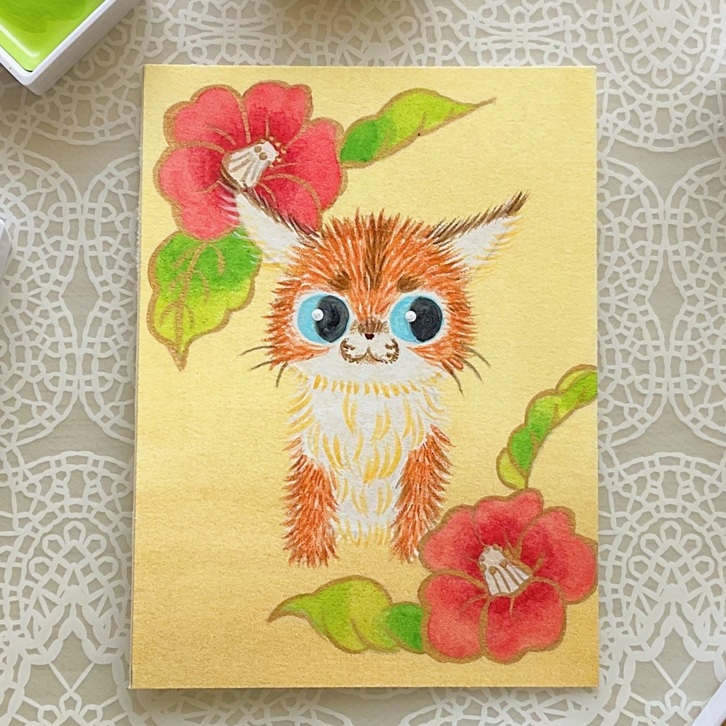 原画「四季花獣図 紅椿カラカル」A7サイズ