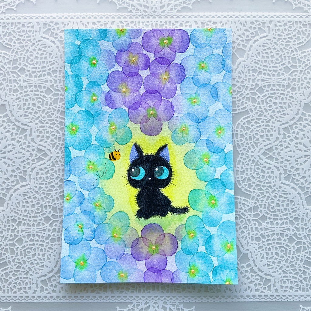 原画「花とくろねこ」ハガキサイズ