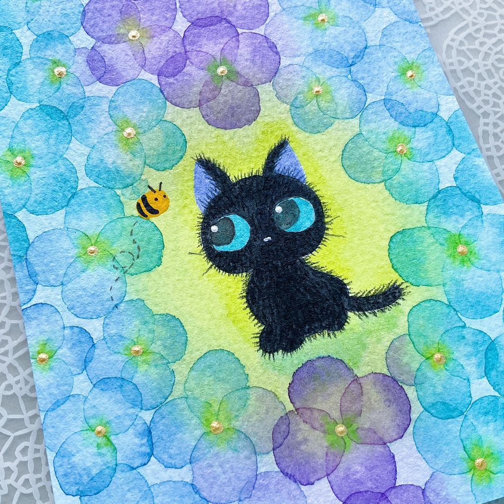原画「花とくろねこ」ハガキサイズ