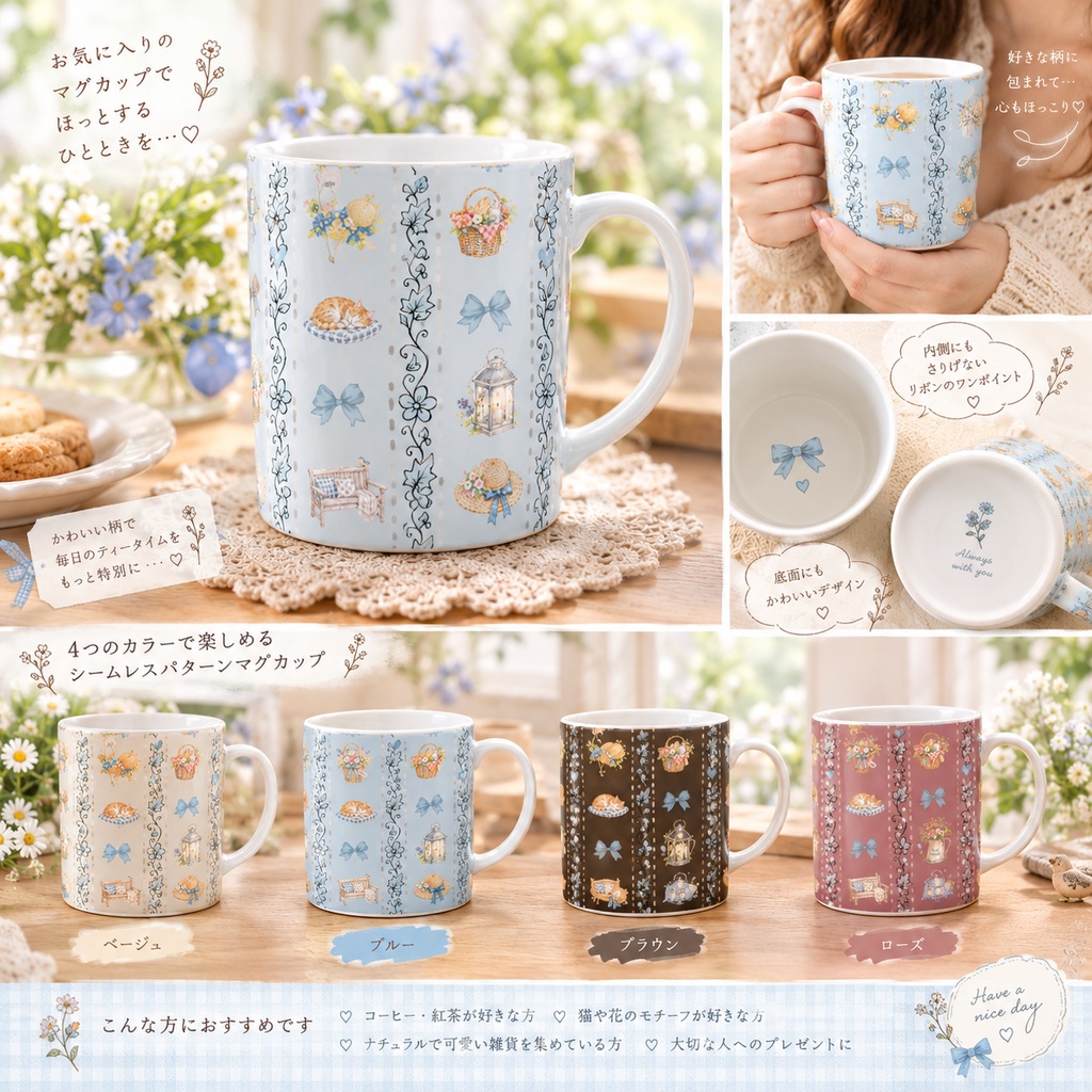 秋色♡ねことぼうし シームレスデジタルペーパー 4色セット|大人かわいいシームレス柄