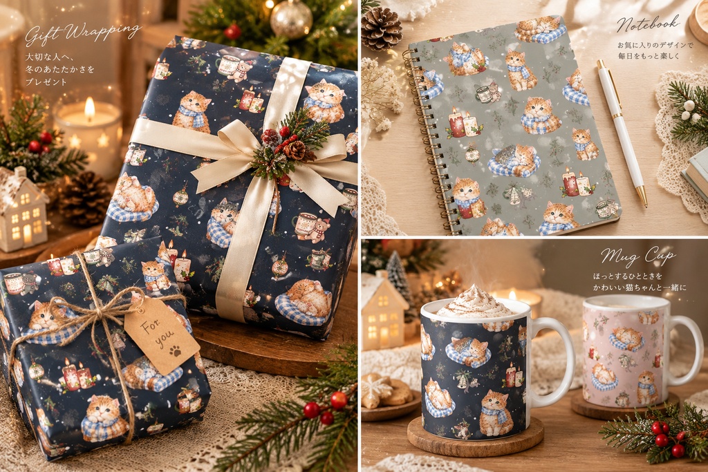 ねこクリスマス♡冬色の可愛いデジタルシームレスパターン 4色セット