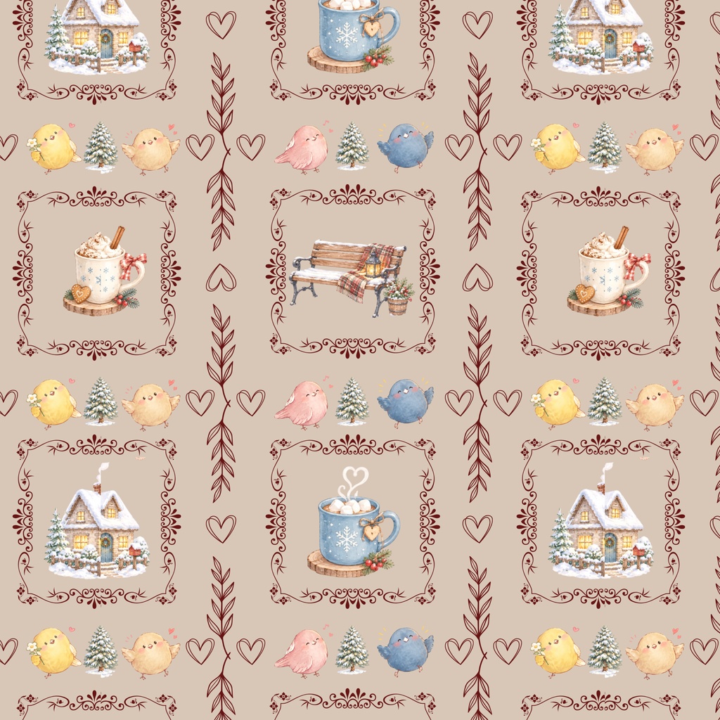 クリスマス♡小鳥たちの冬じたく♡ アンティーク風デジタルペーパー パターン4色セット