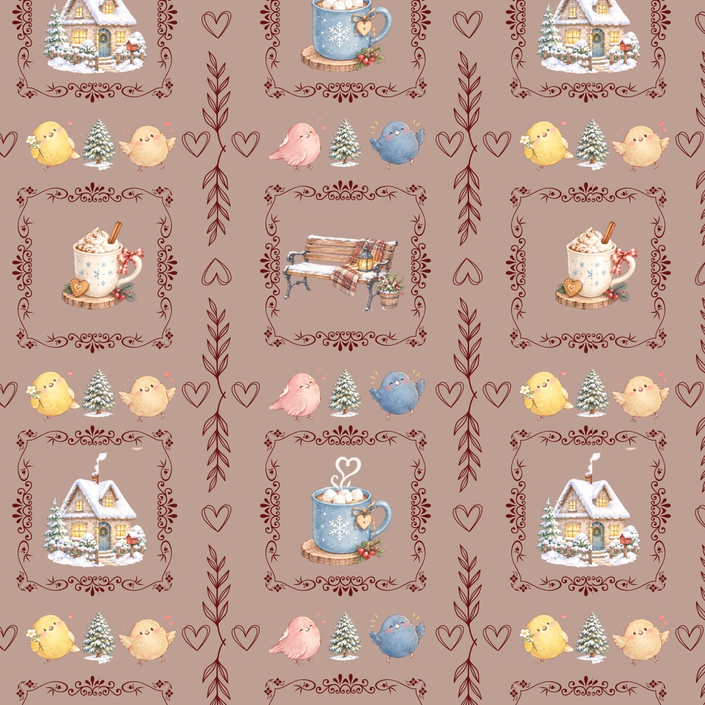 クリスマス♡小鳥たちの冬じたく♡ アンティーク風デジタルペーパー パターン4色セット