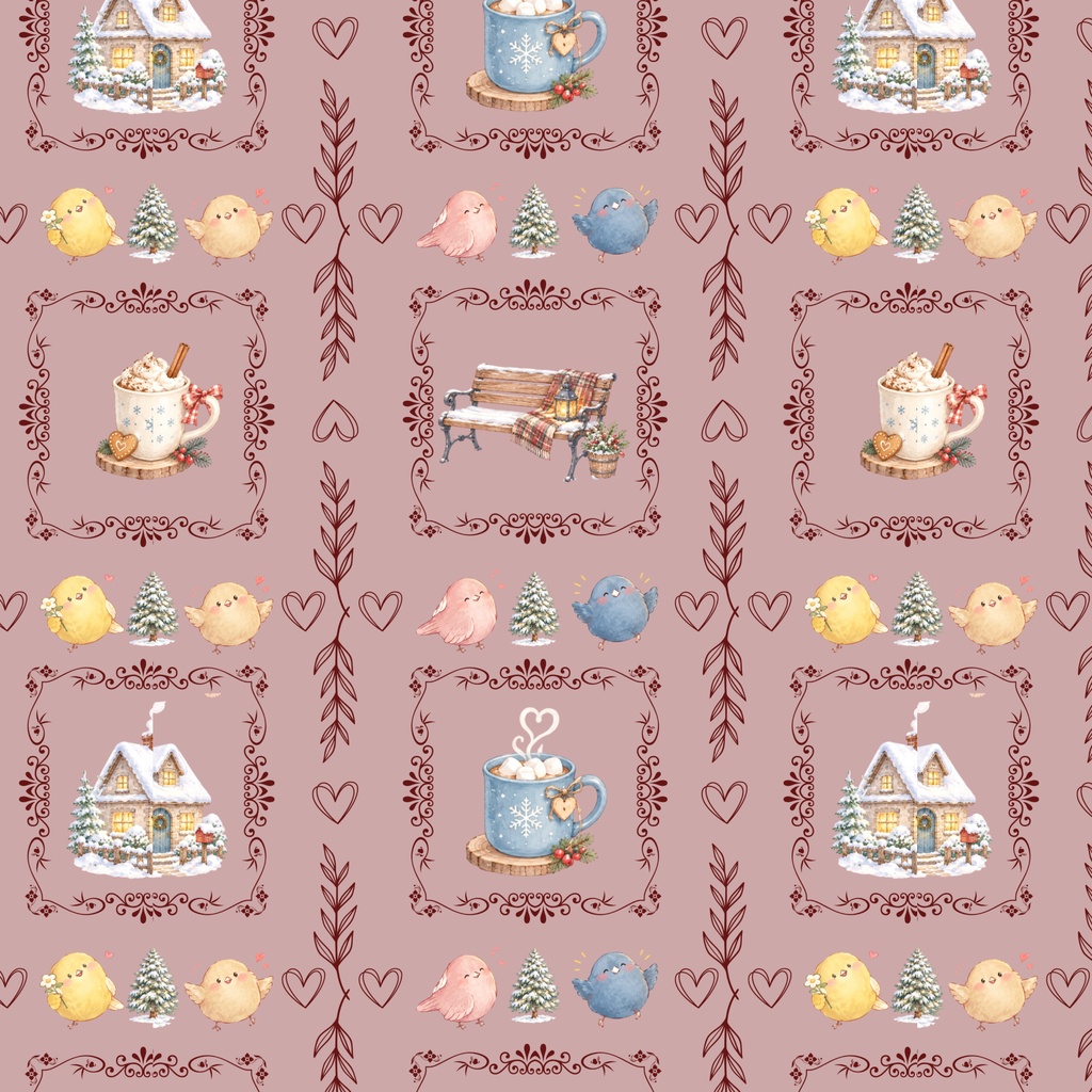 クリスマス♡小鳥たちの冬じたく♡ アンティーク風デジタルペーパー パターン4色セット