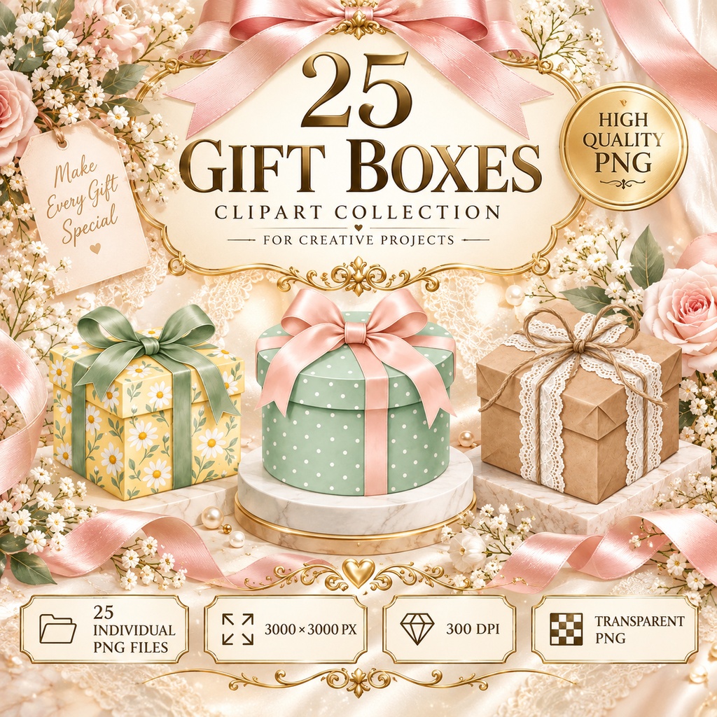 上品なギフトボックス クリップアート25点セット｜透過PNG｜無料サンプルあり