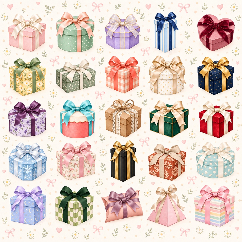 上品なギフトボックス クリップアート25点セット|透過PNG|無料サンプルあり