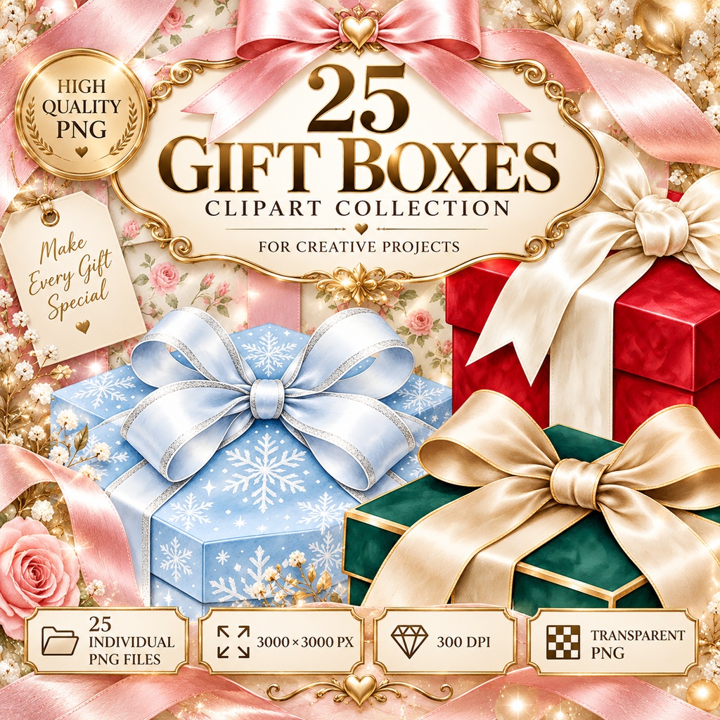 上品なギフトボックス クリップアート25点セット|透過PNG|無料サンプルあり