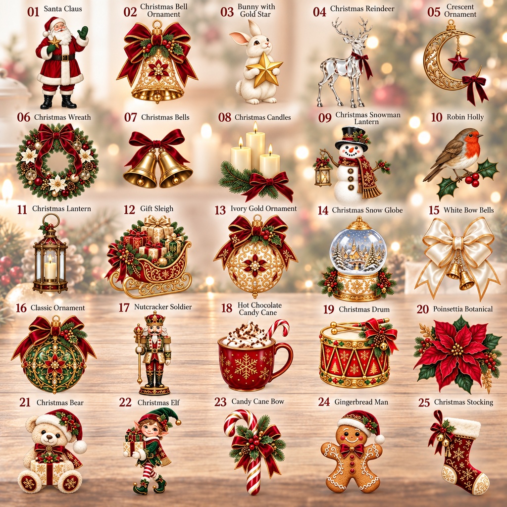 ラグジュアリークリスマス クリップアート25点セット|透過PNG