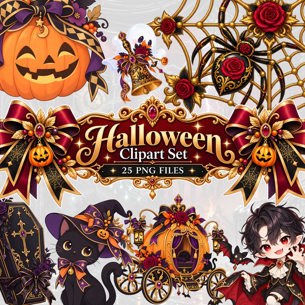 ハロウィン クリップアート 25点セット｜透過PNG｜3000×3000px｜300DPI｜商用利用可