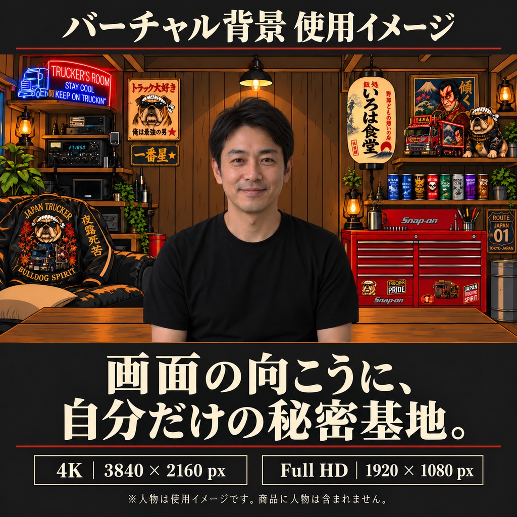 トラッカーガレージのバーチャル背景 4K フルHD、Zoom Teams Meet対応、レトロな作業場の男の隠れ家 マンケイブ、配信者 ゲーマー向け背景画像