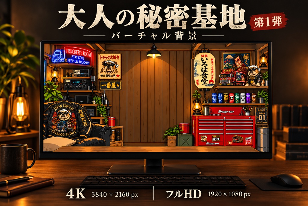 トラッカーガレージのバーチャル背景 4K フルHD、Zoom Teams Meet対応、レトロな作業場の男の隠れ家 マンケイブ、配信者 ゲーマー向け背景画像