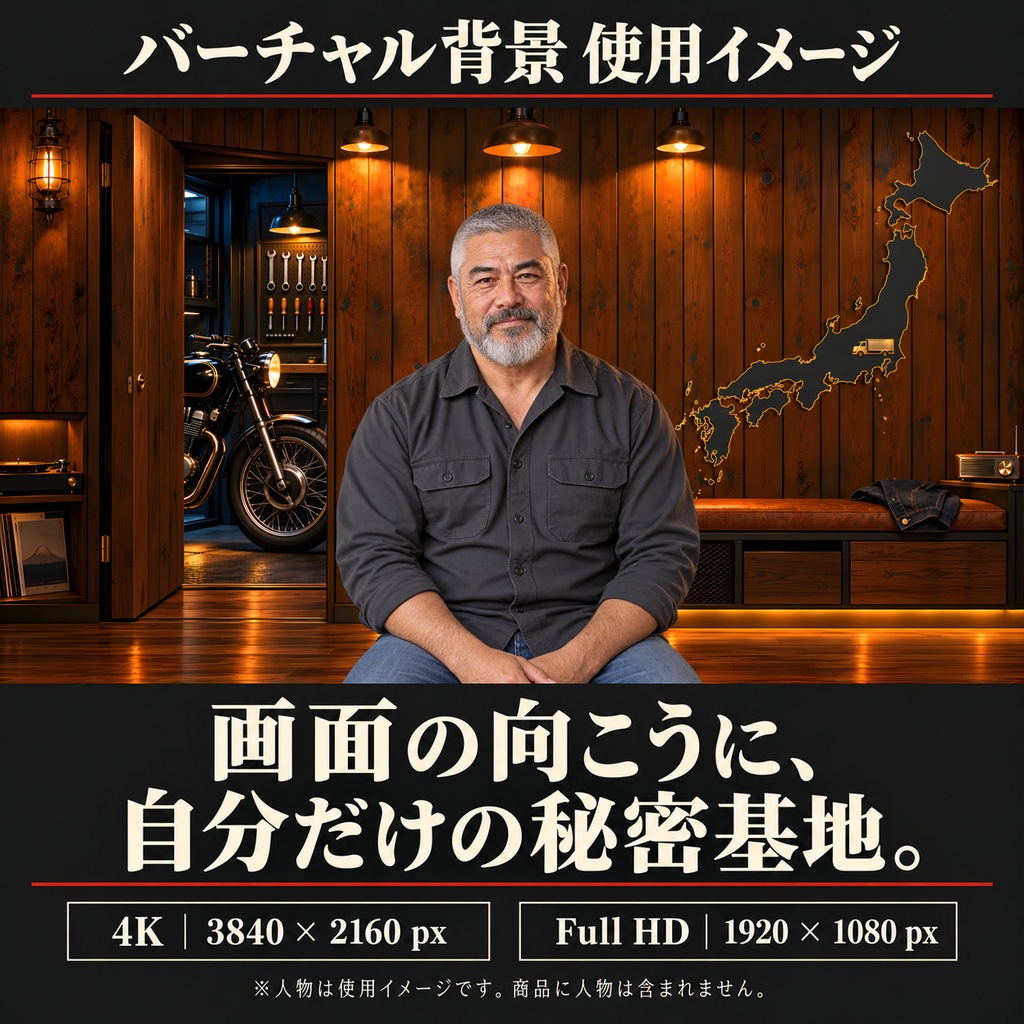 【4K・フルHD】大人の秘密基地 第3弾|バイクと日本地図の趣味部屋|配信・VTuber・通話用バーチャル背景