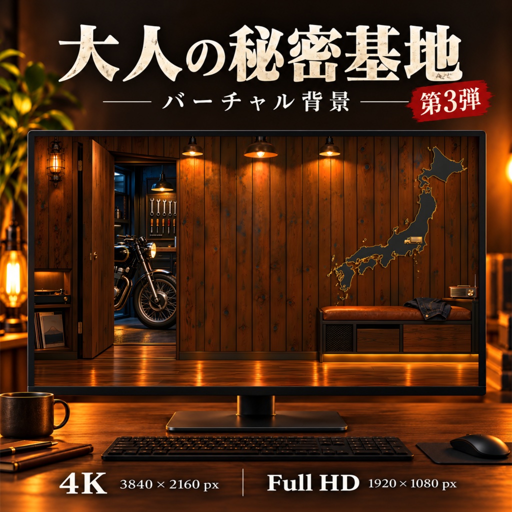 【4K・フルHD】大人の秘密基地 第3弾|バイクと日本地図の趣味部屋|配信・VTuber・通話用バーチャル背景