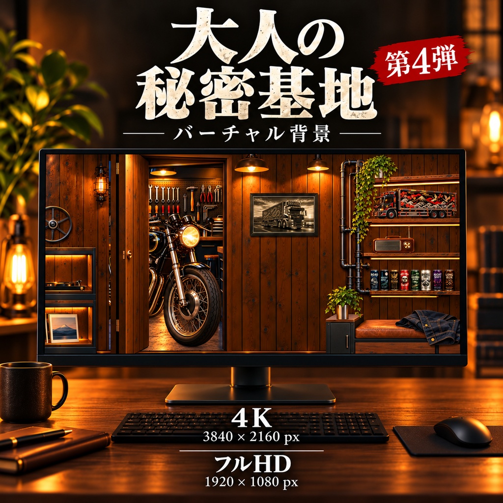 【4K・フルHD】大人の秘密基地 第4弾|バイクとデコトラの趣味部屋|配信・VTuber・通話用バーチャル背景