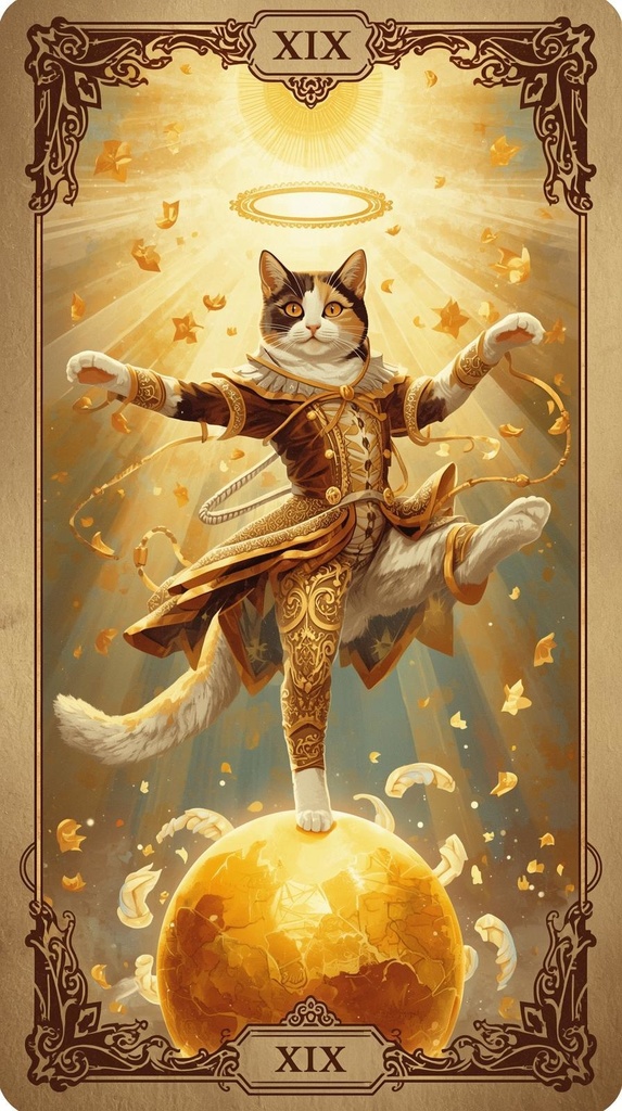 【開運スマホ壁紙】運命サーカス：太陽の猫 – The Sun Cat（金運・成功・繁栄の象徴）