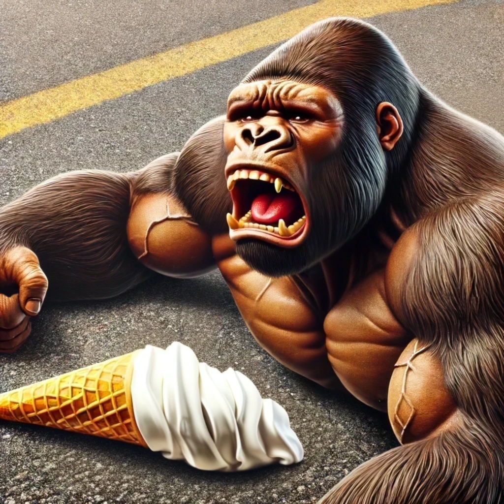道路にソフトクリームを落としたゴリラ