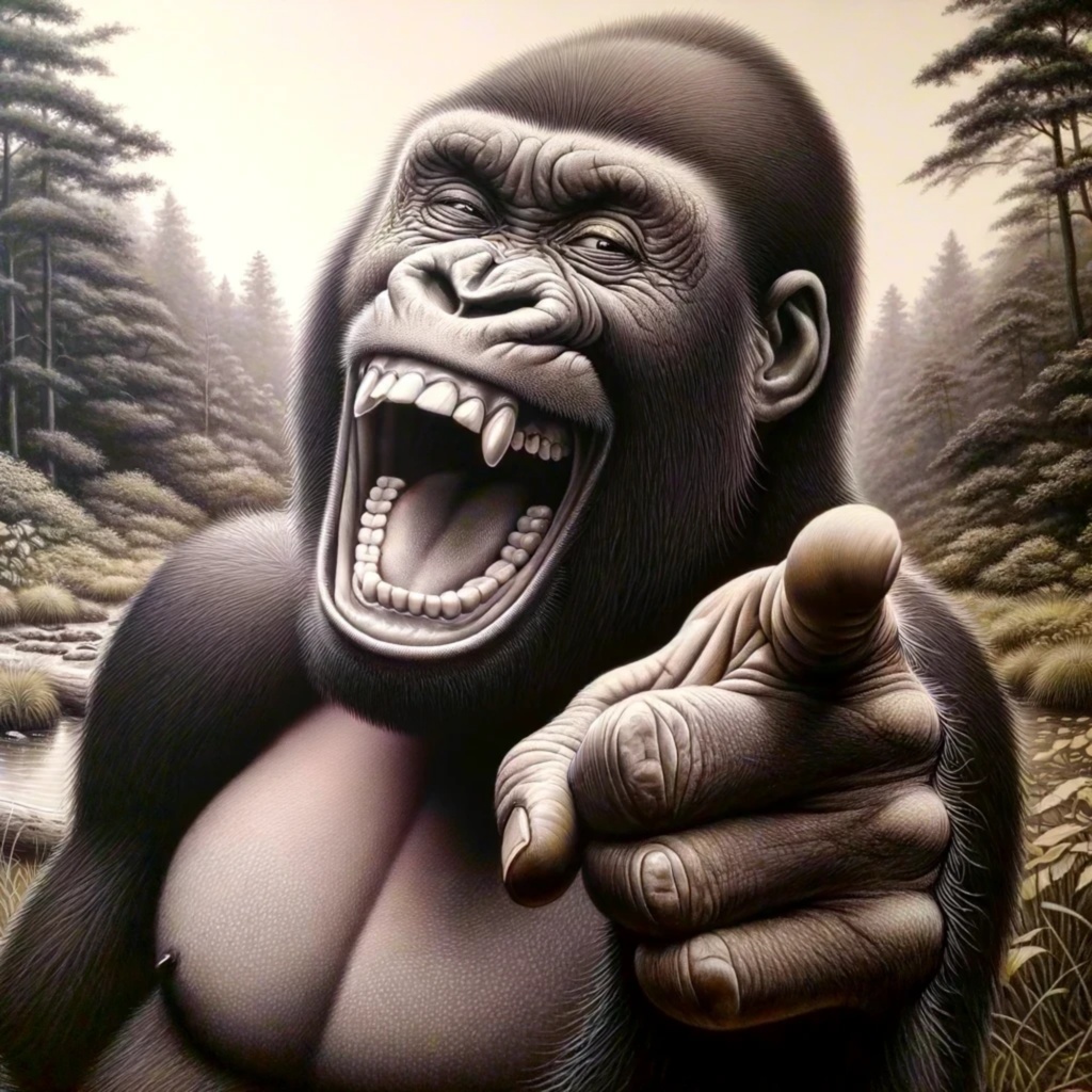 カメラ目線で指をさして笑っているゴリラ