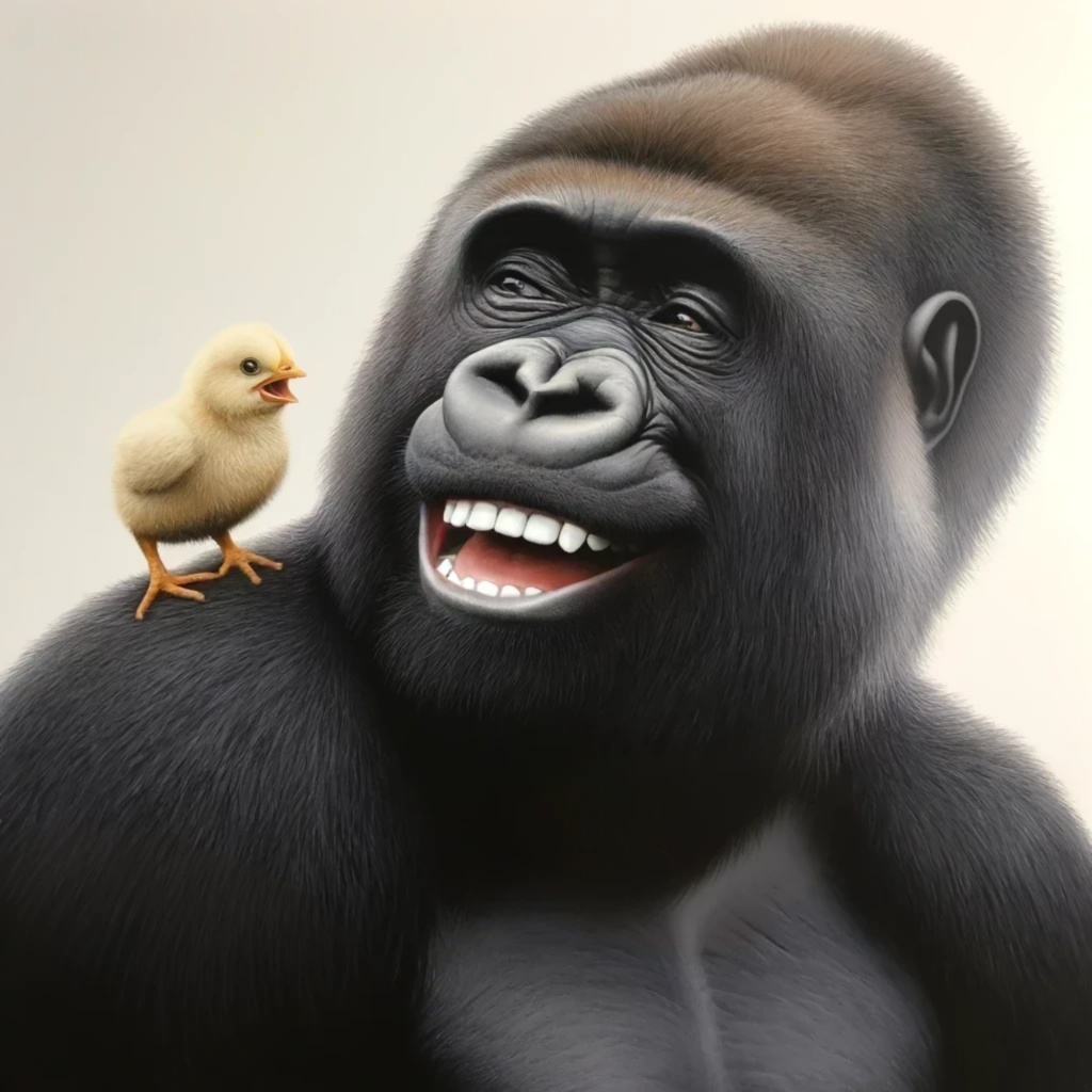 ゴリラの肩にヒヨコが乗っている