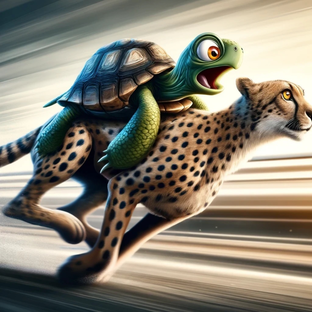 チーターに乗る亀