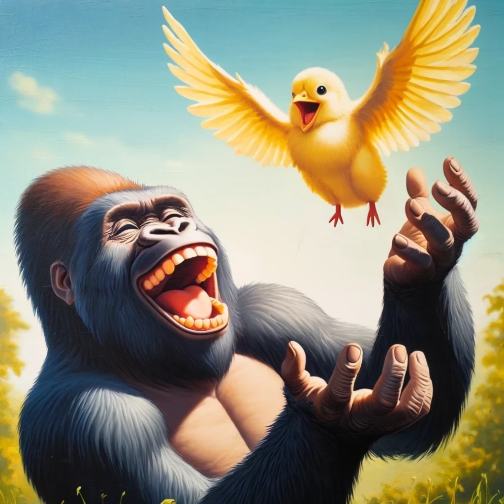 ヒヨコが飛んで嬉しいゴリラ