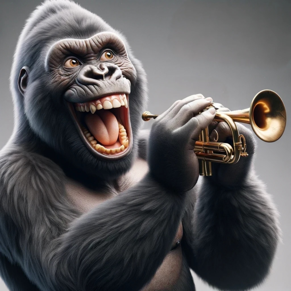 ラッパを吹こうとする笑顔のゴリラ