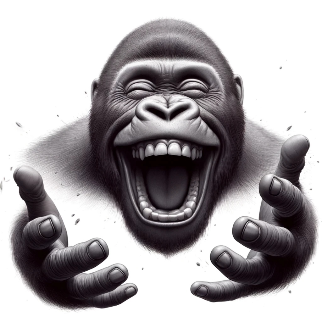 最高の笑顔のゴリラ。モノクロ。