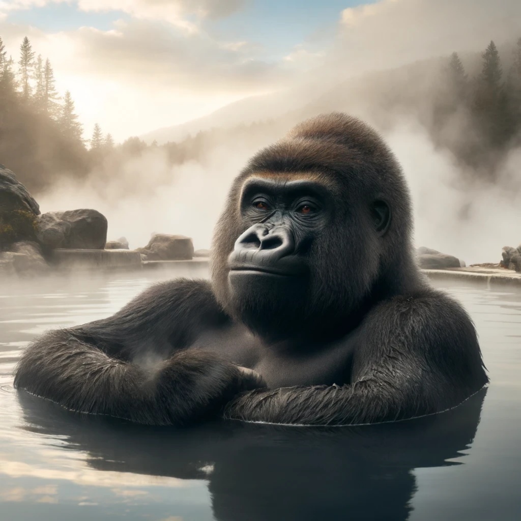 露天風呂に入るゴリラ