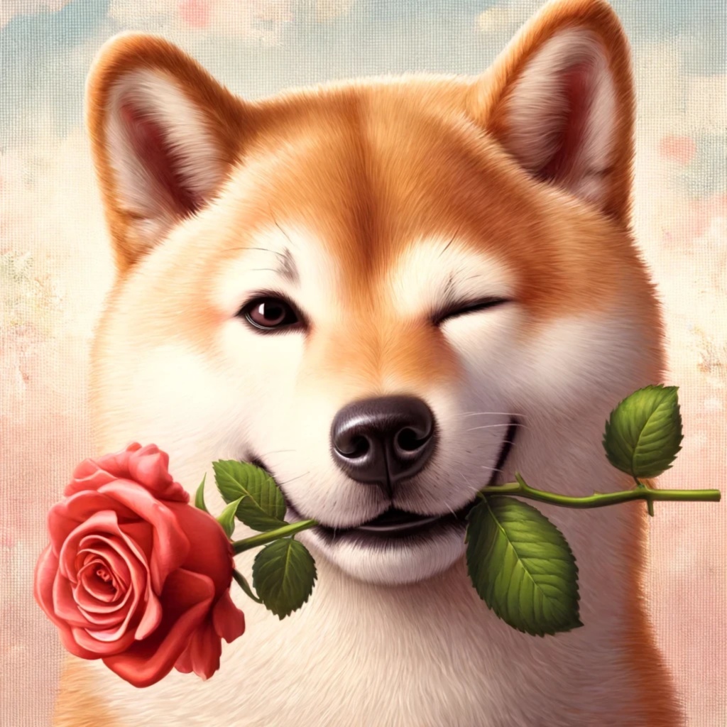 薔薇をくわえてる柴犬