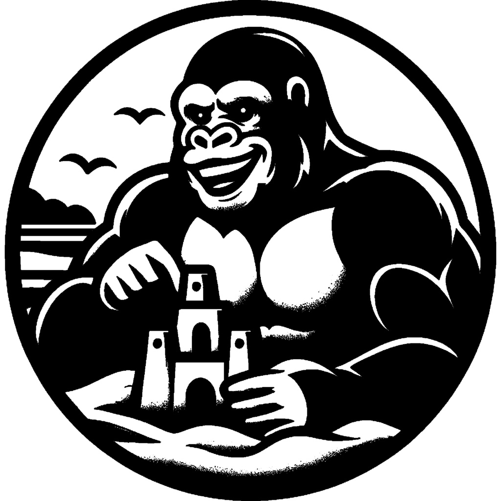 海辺でお城を作るゴリラ